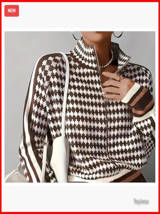 Long Sleeve Zip Up Cardigan Sweater Houndstooth Knit Loose Fit - Picture 3 of 3